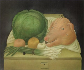 フェルナンド・ボテロ Painting - 豚の頭のある静物画 フェルナンド・ボテロ